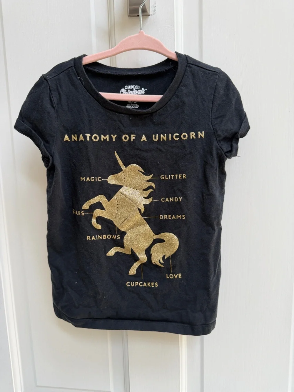 OshKosh B'gosh Girls 4 5 Black Gold Unicorn Short Sleeve Shirt Top Blouse